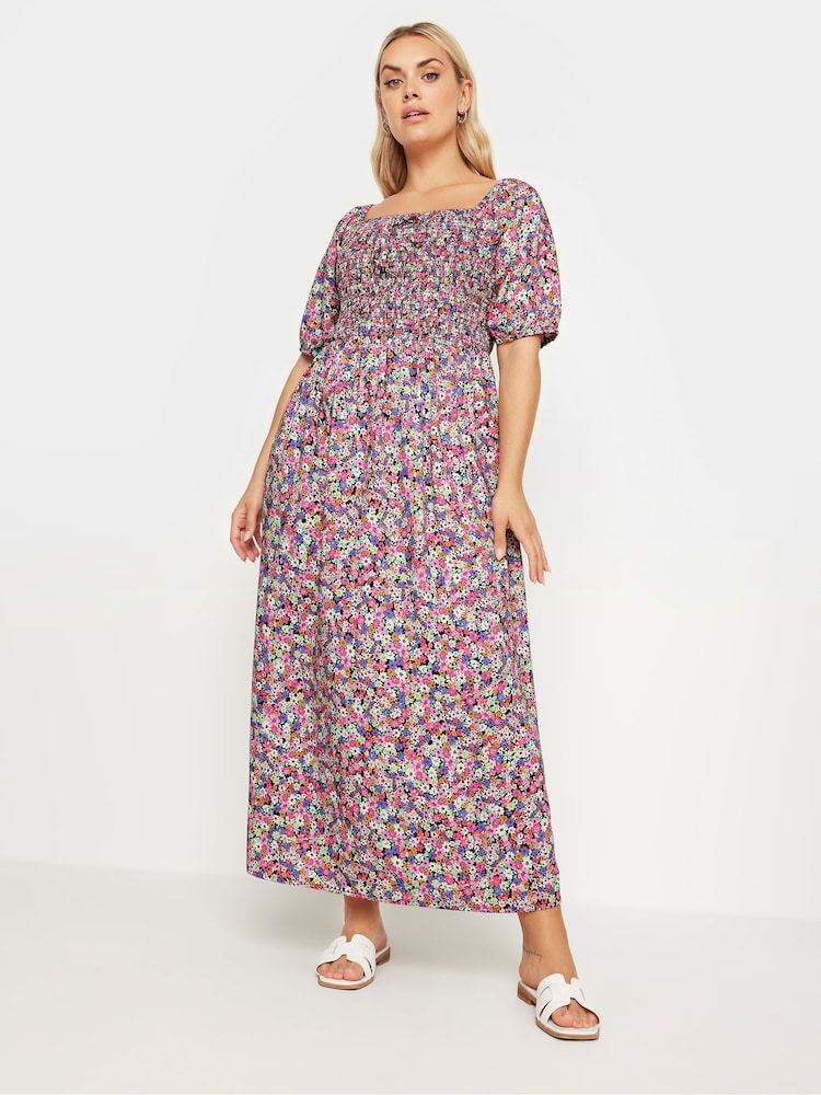 Yours Curve Pink Maxi Shirred Square Neck Dress - Image 1 of 5