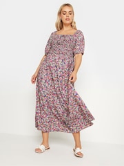 Yours Curve Pink Maxi Shirred Square Neck Dress - Image 2 of 5