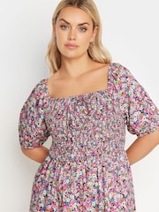 Yours Curve Pink Maxi Shirred Square Neck Dress - Image 3 of 5