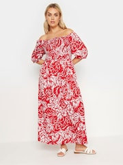 Yours Curve Red Maxi Shirred Square Neck Dress - Image 1 of 5