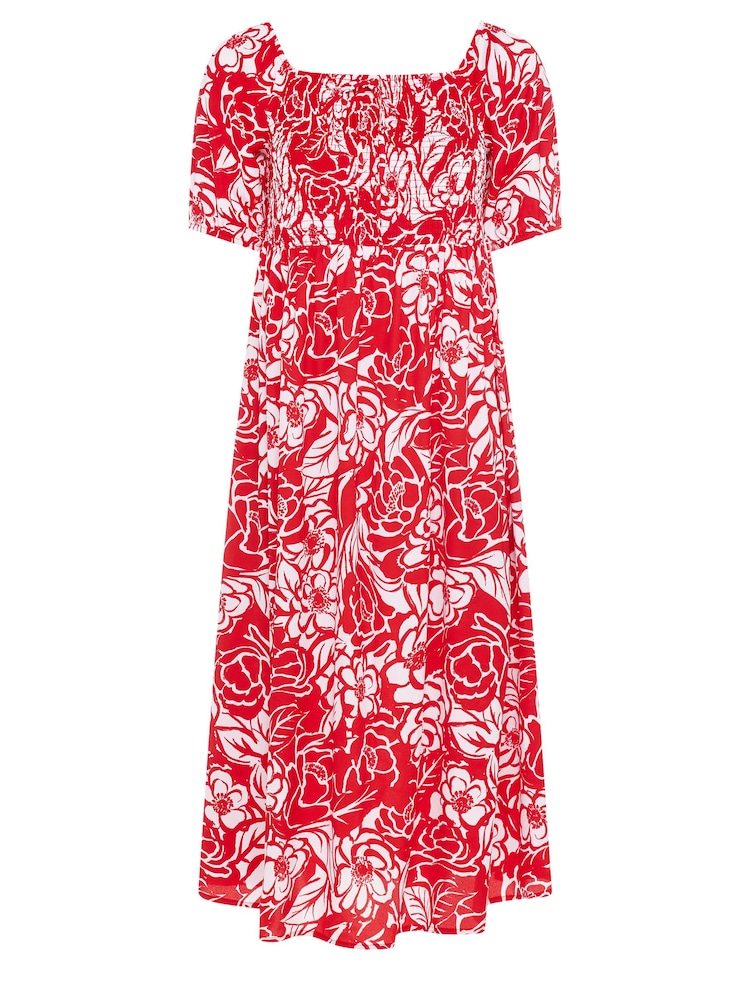 Yours Curve Red Maxi Shirred Square Neck Dress - Image 5 of 5