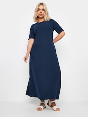 Yours Curve Blue Short Sleeve Ribbed Swing Maxi Dress - Image 2 of 5