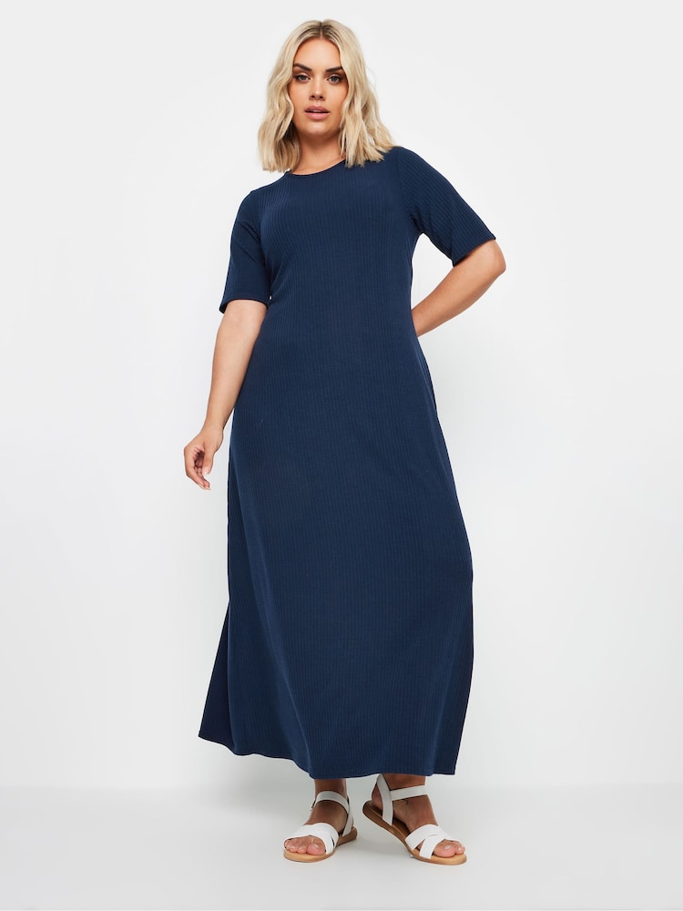 Yours Curve Blue Short Sleeve Ribbed Swing Maxi Dress - Image 2 of 5