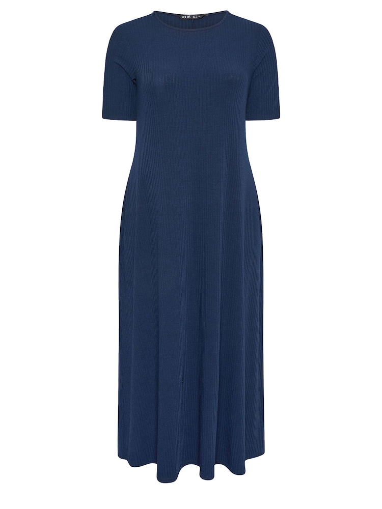 Yours Curve Blue Short Sleeve Ribbed Swing Maxi Dress - Image 5 of 5