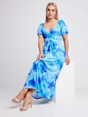 Yours Curve Blue Limited Collection Blur Floral Print Wrap Maxi Dress - Image 1 of 5