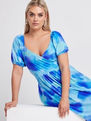 Yours Curve Blue Limited Collection Blur Floral Print Wrap Maxi Dress - Image 2 of 5