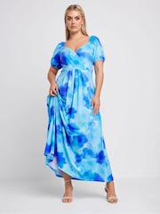 Yours Curve Blue Limited Collection Blur Floral Print Wrap Maxi Dress - Image 3 of 5