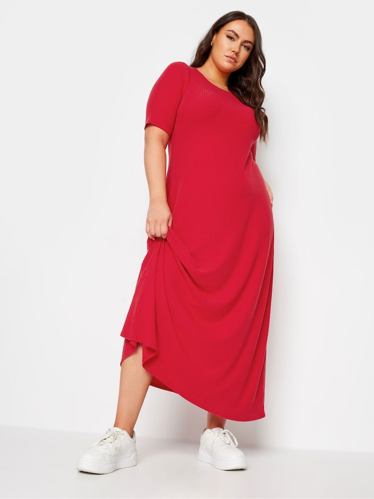 Yours Curve Red Short Sleeve Ribbed Swing Maxi Dress - Image 1 of 5