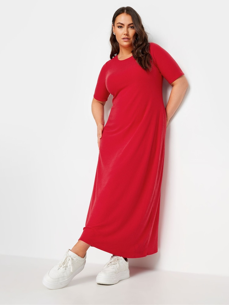 Yours Curve Red Short Sleeve Ribbed Swing Maxi Dress - Image 2 of 5