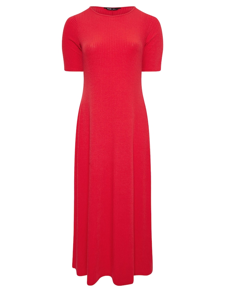Yours Curve Red Short Sleeve Ribbed Swing Maxi Dress - Image 5 of 5