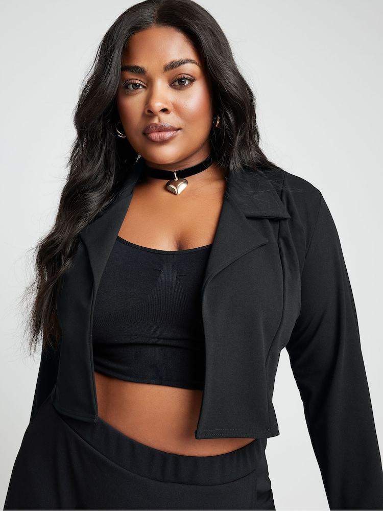 Yours Curve Black Split Sleeve Cropped Blazer - Image 2 of 4