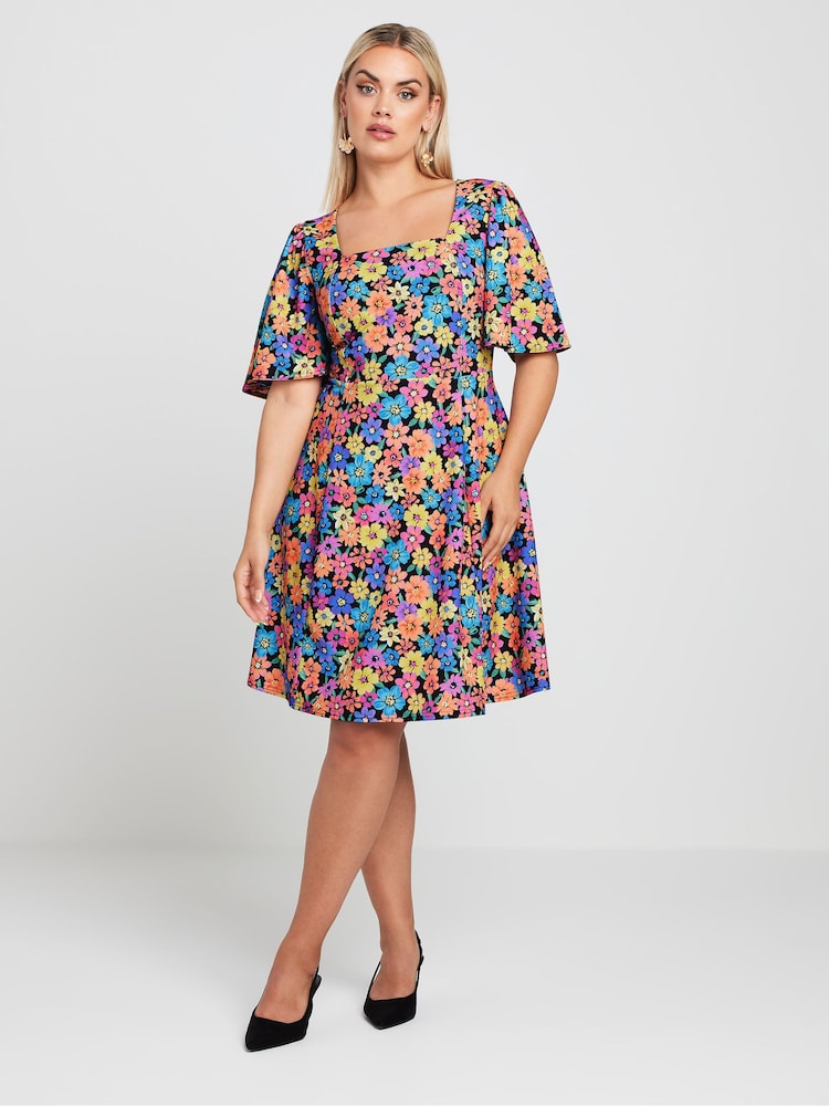 Yours Curve Black LIMITED COLLECTION  Floral Print Angel Sleeve Mini Dress - Image 1 of 5