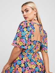 Yours Curve Black LIMITED COLLECTION  Floral Print Angel Sleeve Mini Dress - Image 2 of 5