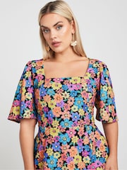 Yours Curve Black LIMITED COLLECTION  Floral Print Angel Sleeve Mini Dress - Image 4 of 5