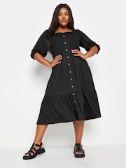 Yours Curve Black Button Front Tiered Midi Dress - Image 1 of 5