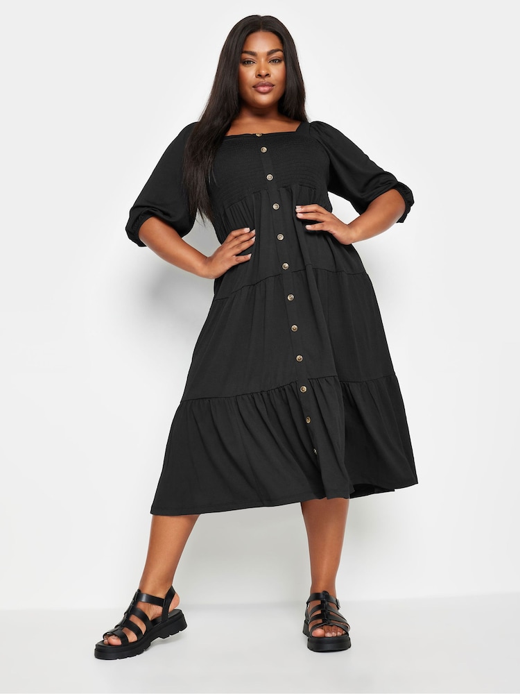 Yours Curve Black Button Front Tiered Midi Dress - Image 1 of 5
