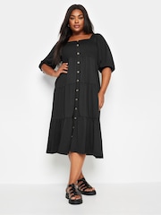 Yours Curve Black Button Front Tiered Midi Dress - Image 2 of 5