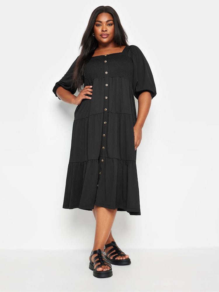 Yours Curve Black Button Front Tiered Midi Dress - Image 2 of 5