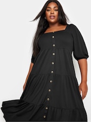Yours Curve Black Button Front Tiered Midi Dress - Image 4 of 5
