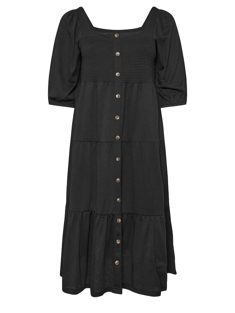 Yours Curve Black Button Front Tiered Midi Dress - Image 5 of 5