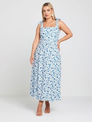 Yours Curve White LIMITED COLLECTION Blue Floral Print Bow Strap Midaxi Dress - Image 2 of 6