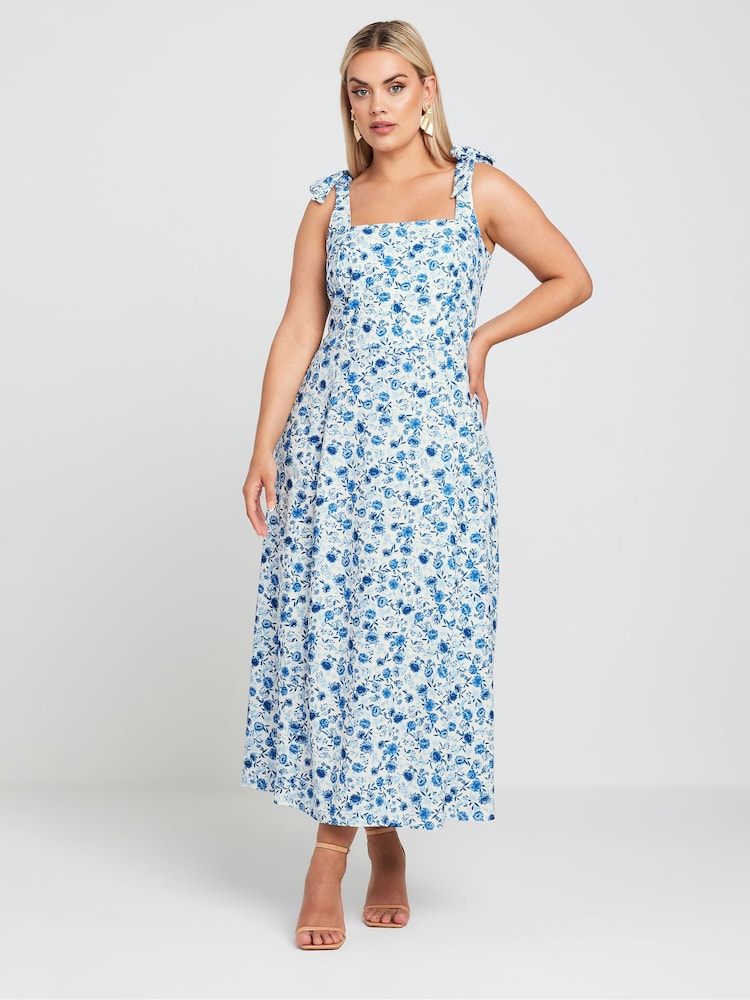 Yours Curve White LIMITED COLLECTION Blue Floral Print Bow Strap Midaxi Dress - Image 2 of 6