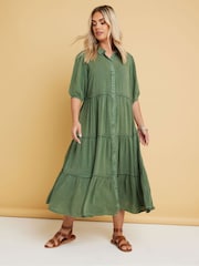 Yours Curve Green 100% Cotton Short Sleeve Tiered Chambray Midi Dress - Image 1 of 5