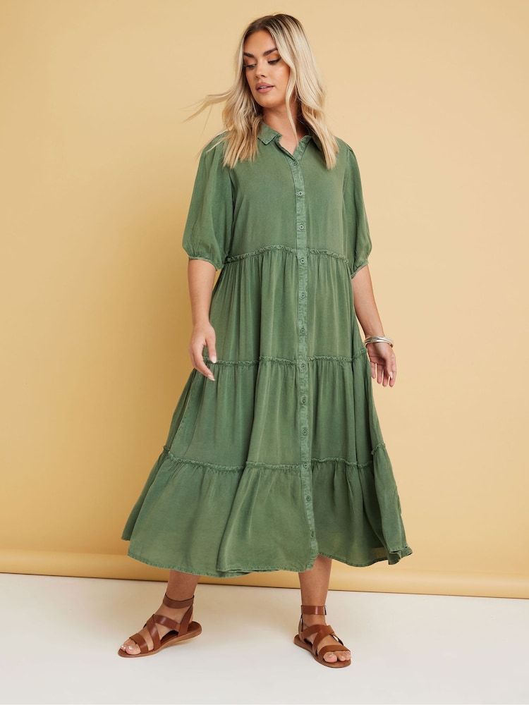 Yours Curve Green 100% Cotton Short Sleeve Tiered Chambray Midi Dress - Image 1 of 5