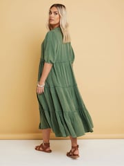 Yours Curve Green 100% Cotton Short Sleeve Tiered Chambray Midi Dress - Image 2 of 5
