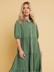 Yours Curve Green 100% Cotton Short Sleeve Tiered Chambray Midi Dress - Image 3 of 5