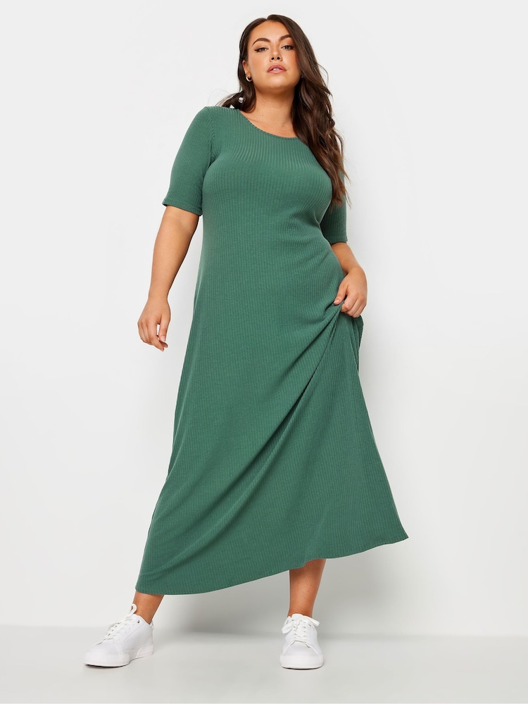 Yours Curve Green Short Sleeve Ribbed Swing Maxi Dress - Image 1 of 5