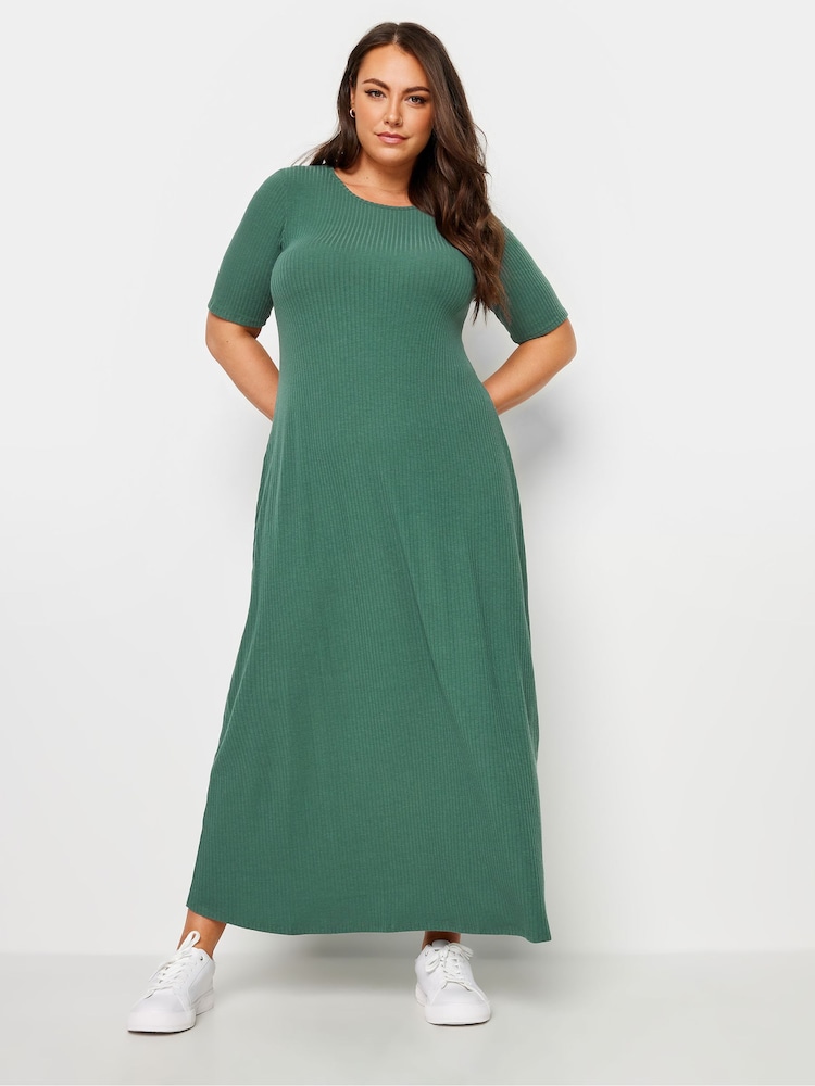 Yours Curve Green Short Sleeve Ribbed Swing Maxi Dress - Image 2 of 5