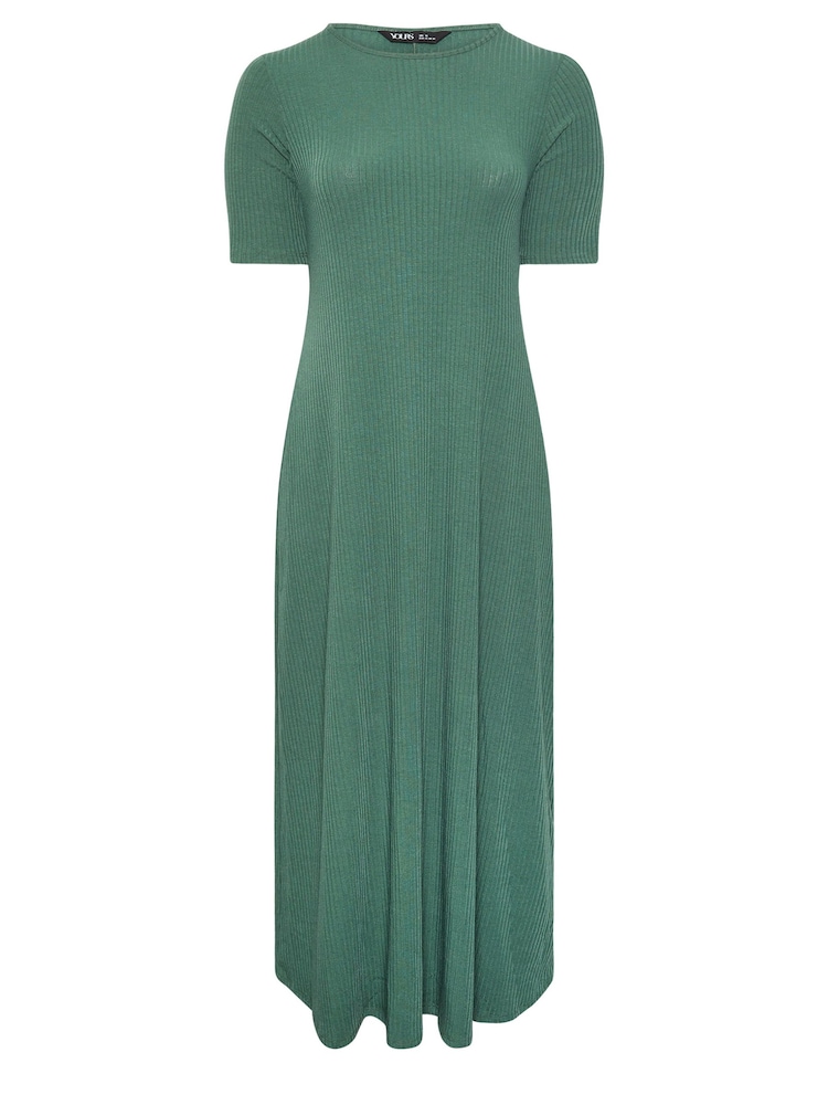 Yours Curve Green Short Sleeve Ribbed Swing Maxi Dress - Image 5 of 5
