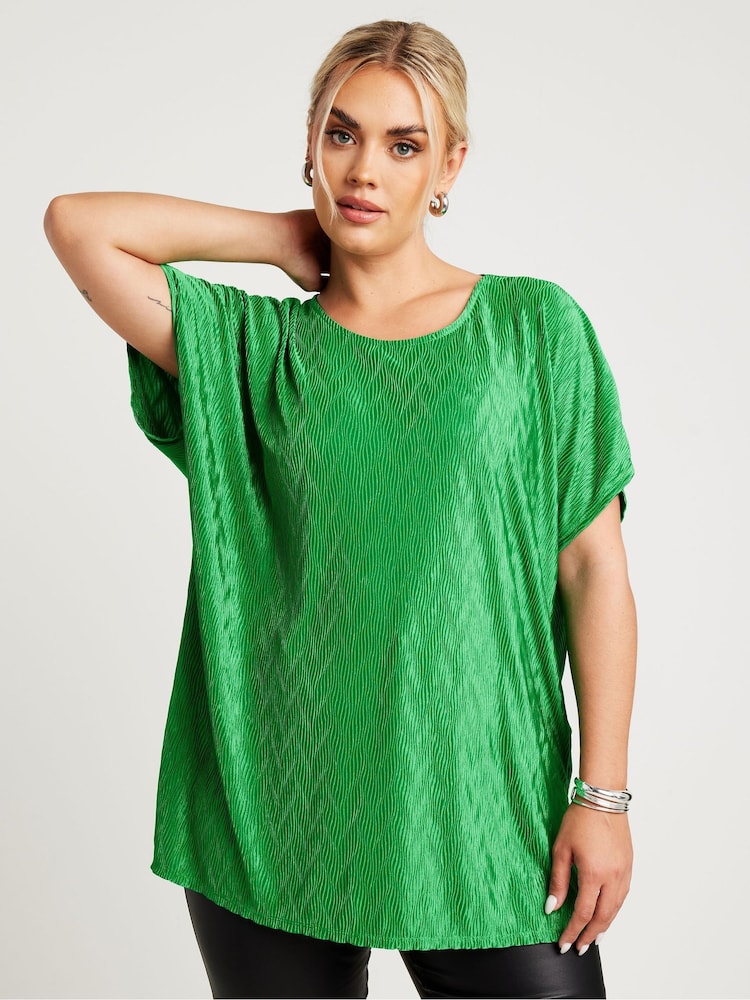 Yours Curve Green Limited Zig Zag Plisse Grown On Sleeve Top - Image 1 of 5