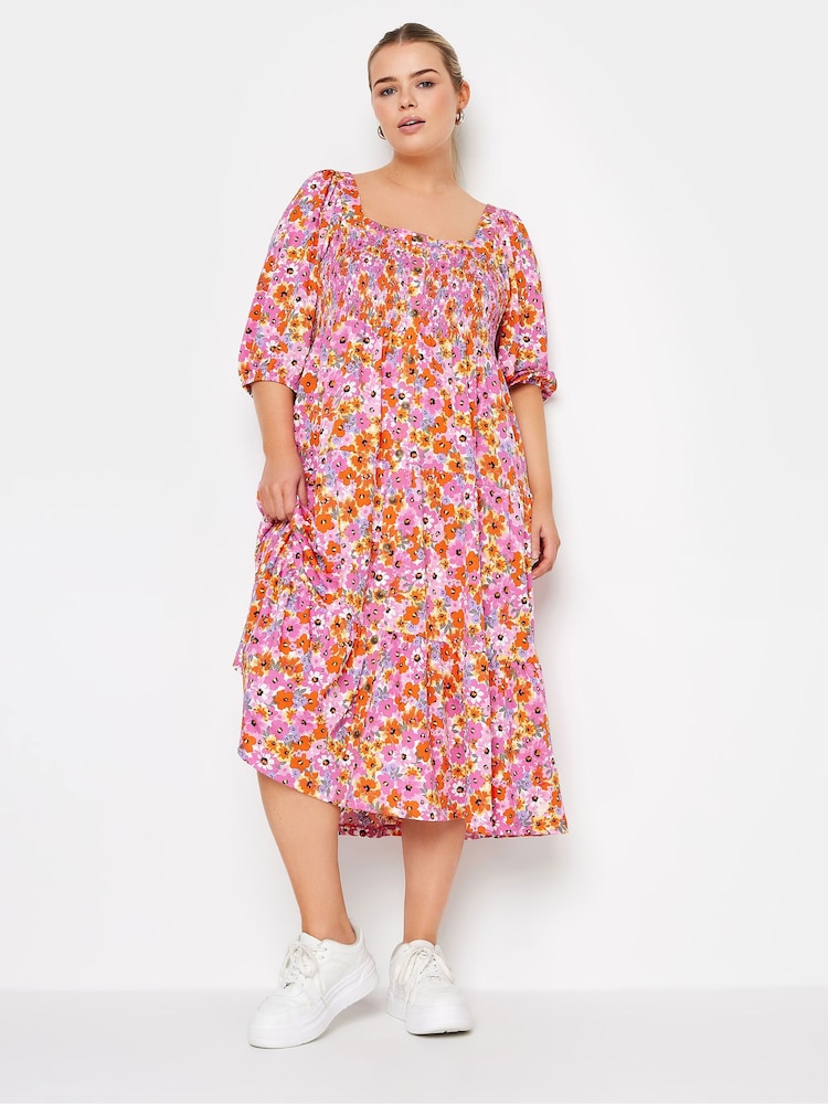 Yours Curve White Floral Print Tiered Midi Dress - Image 1 of 5