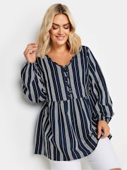 Yours Curve Blue Contrast Stitch 100% Cotton Blouse - Image 2 of 6