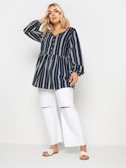Yours Curve Blue Contrast Stitch 100% Cotton Blouse - Image 3 of 6