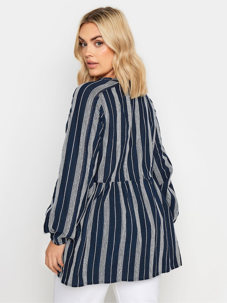 Yours Curve Blue Contrast Stitch 100% Cotton Blouse - Image 4 of 6