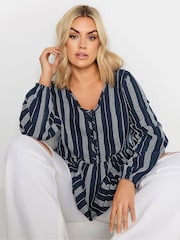 Yours Curve Blue Contrast Stitch 100% Cotton Blouse - Image 5 of 6