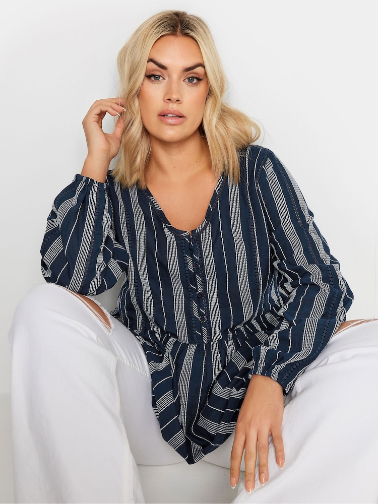Yours Curve Blue Contrast Stitch 100% Cotton Blouse - Image 5 of 6