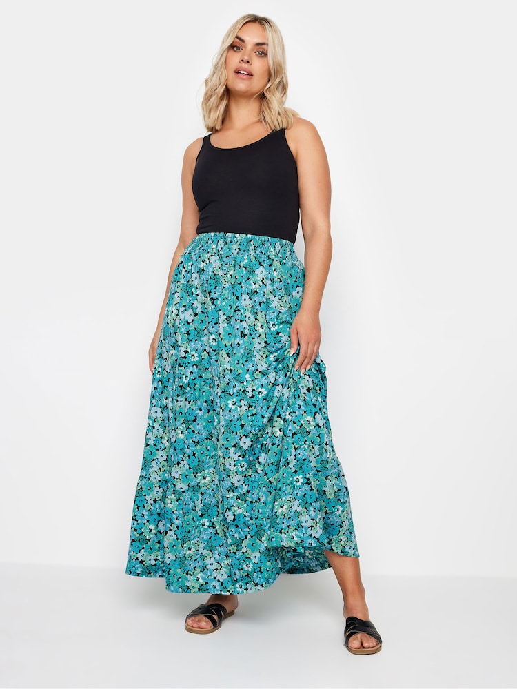 Yours Curve Blue Floral Print Textured Tiered Maxi Skirt - Image 1 of 4
