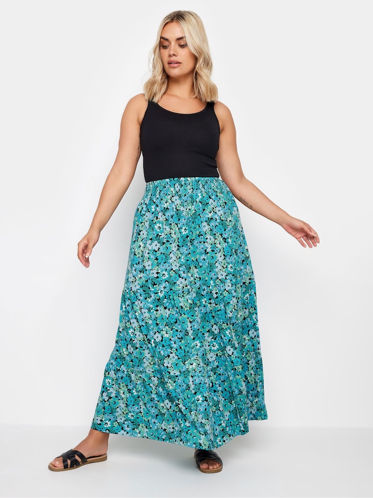 Yours Curve Blue Floral Print Textured Tiered Maxi Skirt - Image 2 of 4