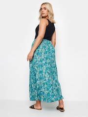Yours Curve Blue Floral Print Textured Tiered Maxi Skirt - Image 3 of 4