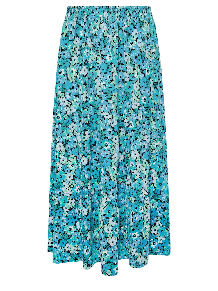 Yours Curve Blue Floral Print Textured Tiered Maxi Skirt - Image 4 of 4