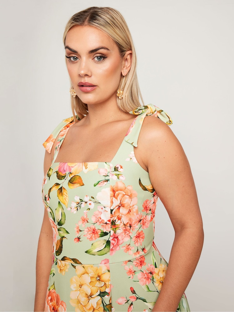 Yours Curve Green LIMITED COLLECTION Curve Blue Floral Print Bow Strap Midaxi Dress - Image 2 of 5