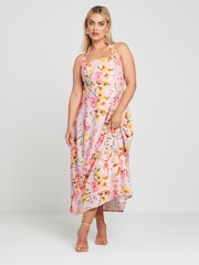 Yours Curve Pink Limited Collection Floral Print Halter Neck Midaxi Dress - Image 1 of 6