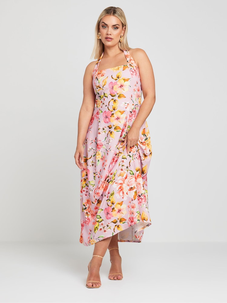Yours Curve Pink Limited Collection Floral Print Halter Neck Midaxi Dress - Image 1 of 6