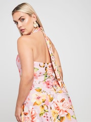 Yours Curve Pink Limited Collection Floral Print Halter Neck Midaxi Dress - Image 2 of 6
