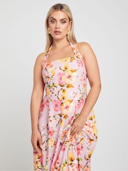 Yours Curve Pink Limited Collection Floral Print Halter Neck Midaxi Dress - Image 4 of 6