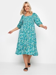 Yours Curve Blue Floral Print Tiered Midi Dress - Image 1 of 5